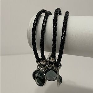 Black Leather Braided Bracelet with Silver Accents